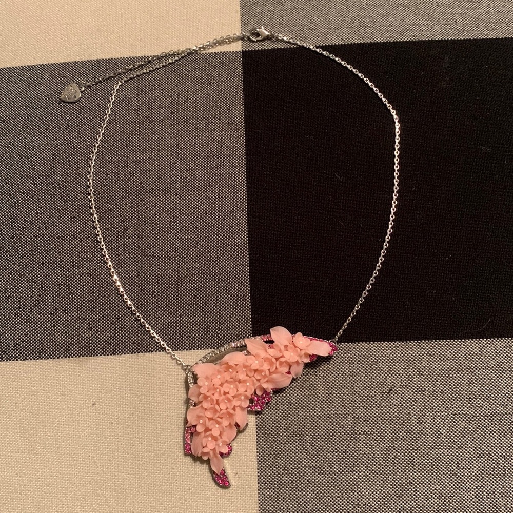 Butterfly Wing with Pink Flowers & Rhinestones Necklace